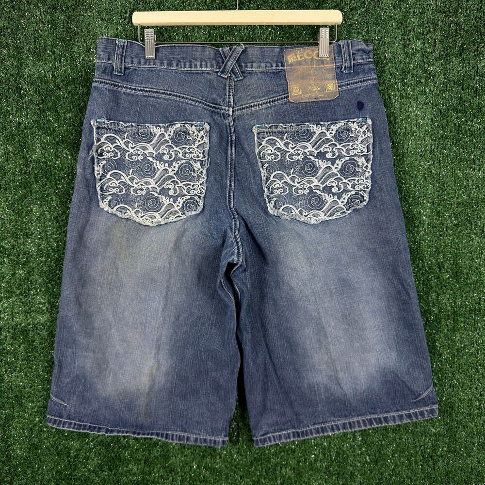 Mecca Men's Baggy Denim Shorts Size 38(36) Blue Hip Hop Embroidered Pockets Y2K